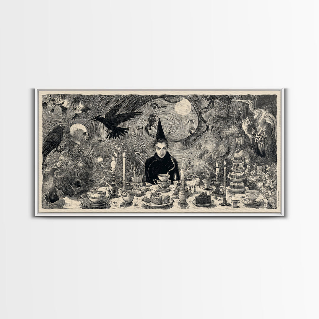 The Witches' Tea Party, Expressionist Nightmare Art, Wide Panoramic Art, Dark Fantasy Wall Art, Canvas Print, Halloween Wall Art