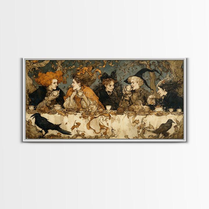The Witches' Tea Party, Gothic Storybook Art, Wide Panoramic Art, Dark Halloween Decor, Framed Canvas Print, Halloween Wall Art