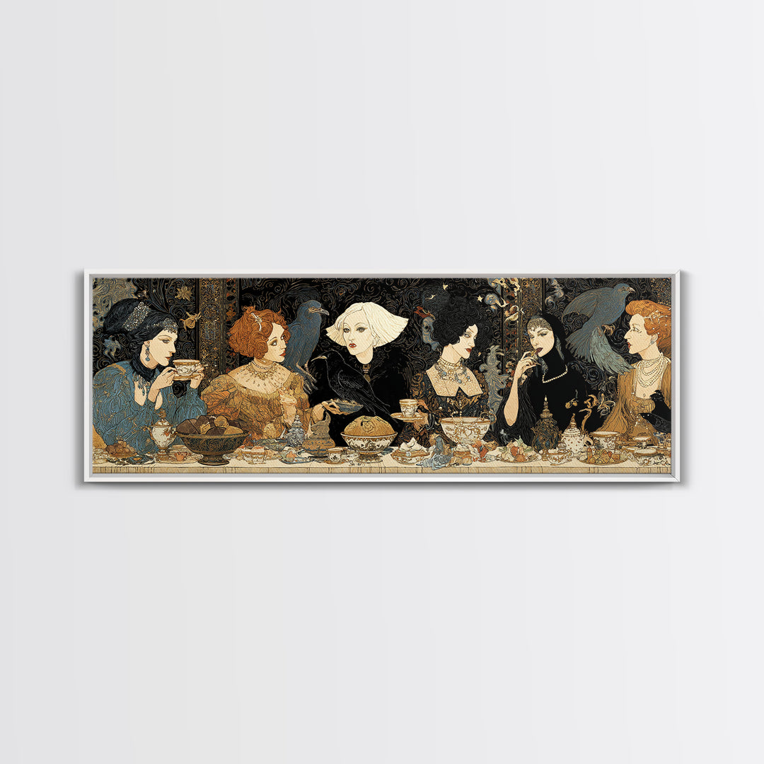 The Witches' Tea Party, Stained Glass Gothic Art, Extra Wide Wall Art, Dark Fantasy Wall Art, Framed Canvas Print, Halloween Wall Art