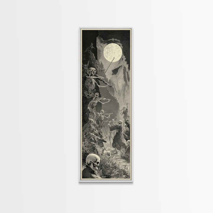 The Skeleton Orchestra, Gothic Engraving Art, Tall Narrow Wall Art, Dark Halloween Decor, Canvas Print, Halloween Wall Art