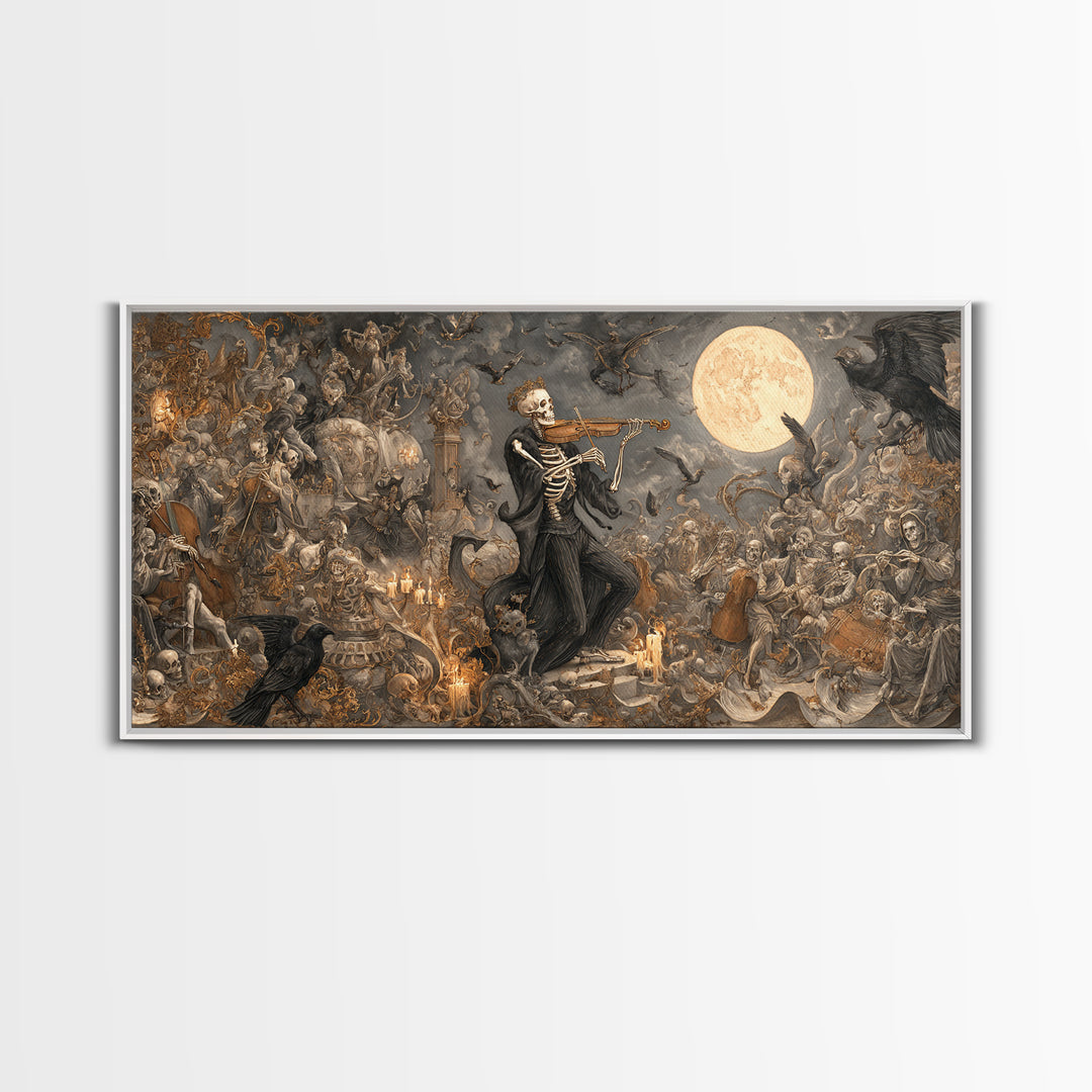 The Skeleton Orchestra, Medieval Grotesque Art, Wide Panoramic Art, Macabre Wall Art, Canvas Print, Halloween Wall Art