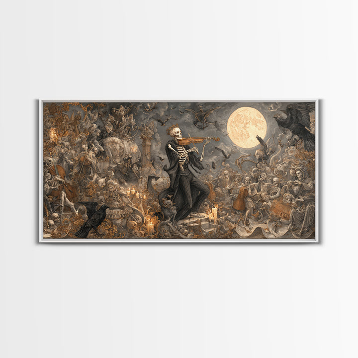 The Skeleton Orchestra, Medieval Grotesque Art, Wide Panoramic Art, Macabre Wall Art, Canvas Print, Halloween Wall Art