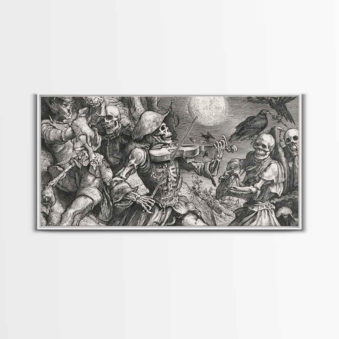 The Skeleton Orchestra, Renaissance Engraving Art, Wide Panoramic Art, Macabre Wall Art, Framed Canvas Print, Halloween Wall Art