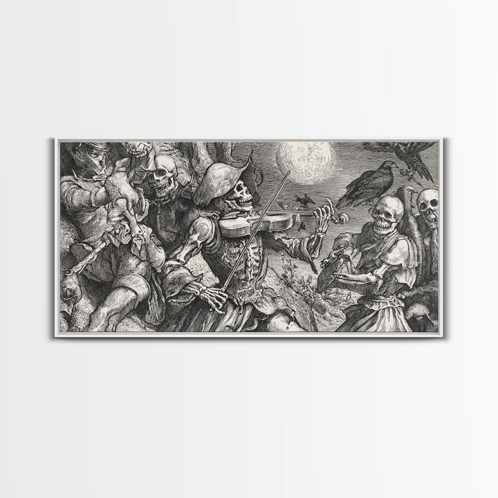 The Skeleton Orchestra, Renaissance Engraving Art, Wide Panoramic Art, Macabre Wall Art, Framed Canvas Print, Halloween Wall Art
