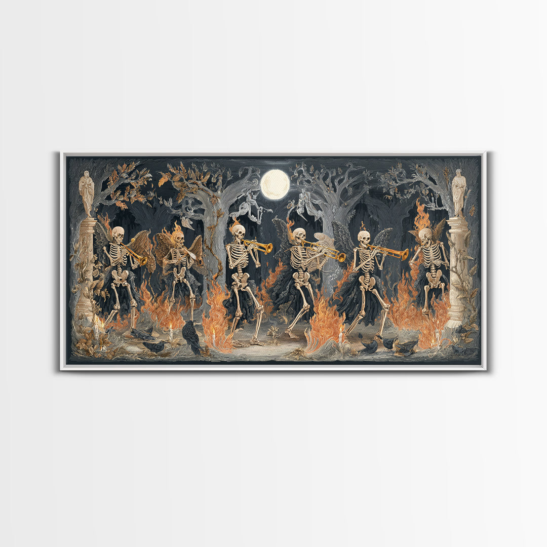 The Skeleton Orchestra, Visionary Gothic Art, Wide Panoramic Art, Dark Halloween Decor, Framed Canvas Print, Halloween Wall Art