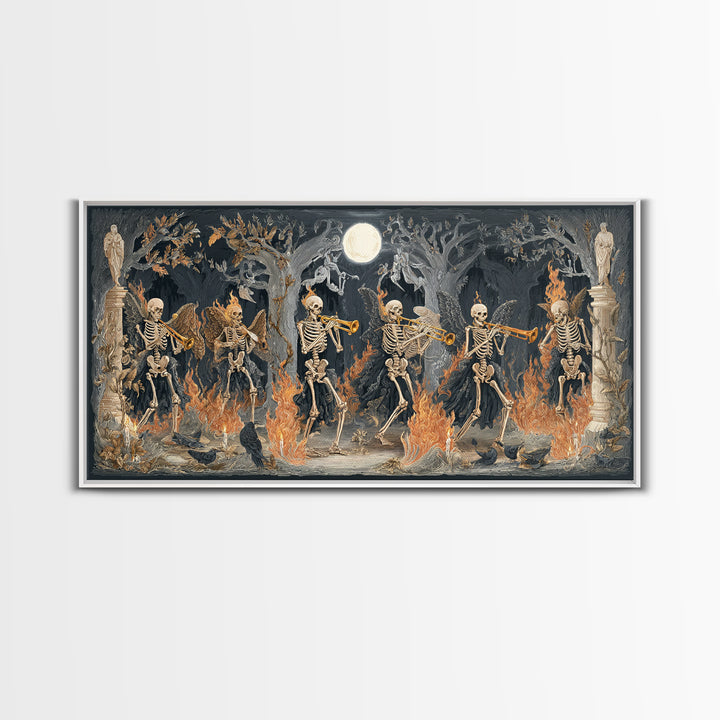 The Skeleton Orchestra, Visionary Gothic Art, Wide Panoramic Art, Dark Halloween Decor, Framed Canvas Print, Halloween Wall Art