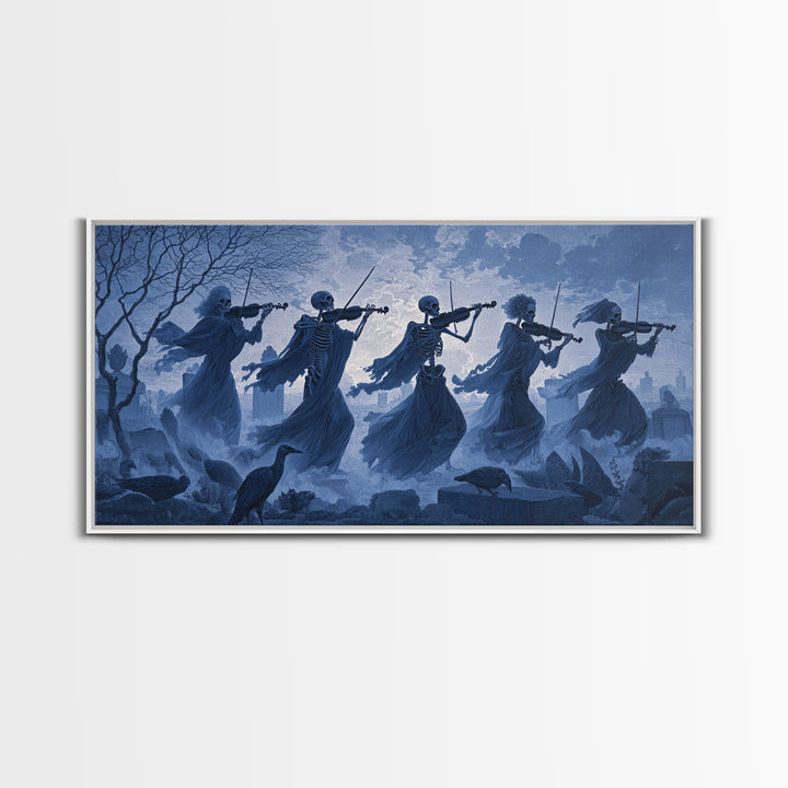 The Skeleton Orchestra, Romantic Gothic Landscape, Wide Panoramic Art, Dark Halloween Decor, Canvas Print, Halloween Wall Art