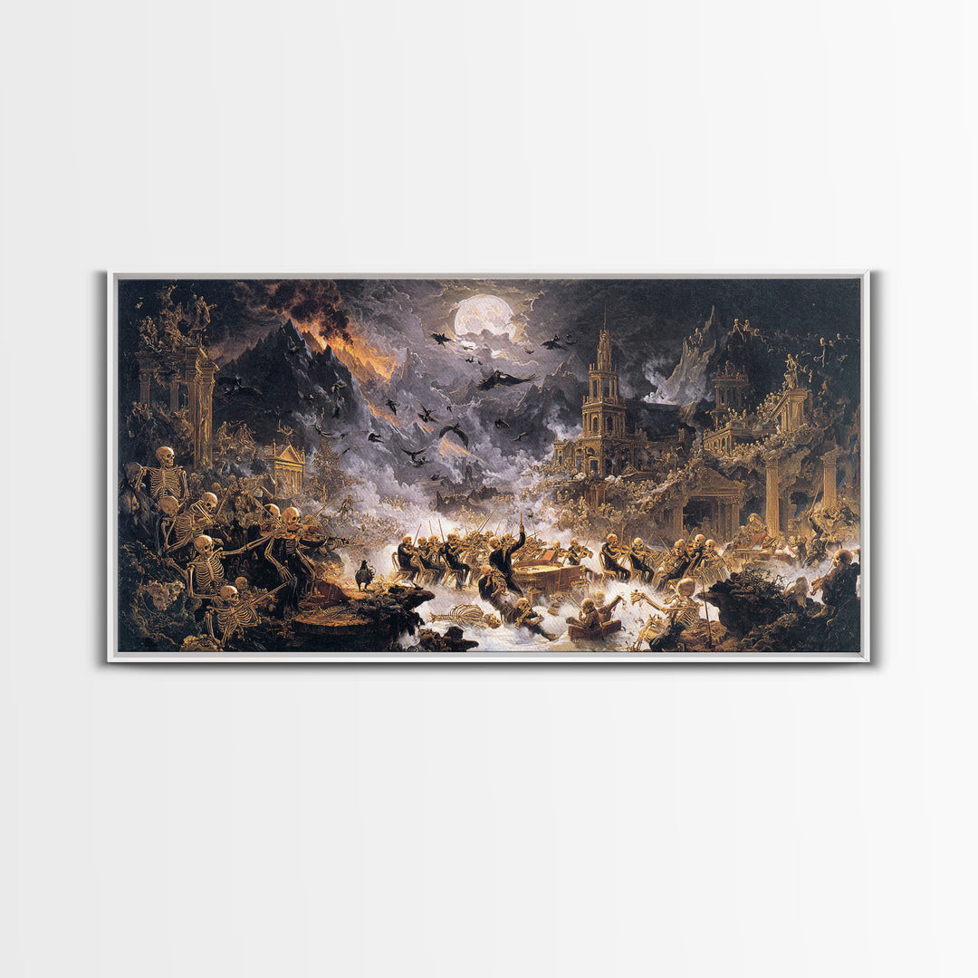 The Skeleton Orchestra, Apocalyptic Romantic Art, Wide Panoramic Art, Gothic Horror Wall Art, Framed Canvas Print, Halloween Wall Art