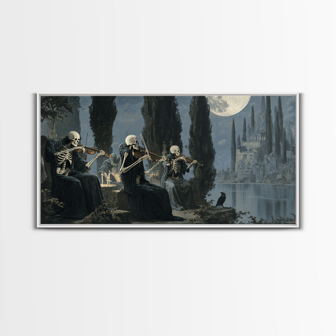 The Skeleton Orchestra, Symbolist Gothic Landscape, Wide Panoramic Art, Dark Halloween Decor, Canvas Print, Halloween Wall Art