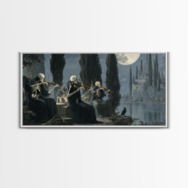The Skeleton Orchestra, Symbolist Gothic Landscape, Wide Panoramic Art, Dark Halloween Decor, Canvas Print, Halloween Wall Art