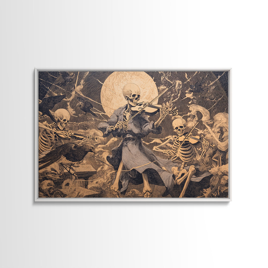 The Skeleton Orchestra, Symbolist Etching Art, Landscape Wall Art, Macabre Wall Art, Framed Canvas Print, Halloween Wall Art