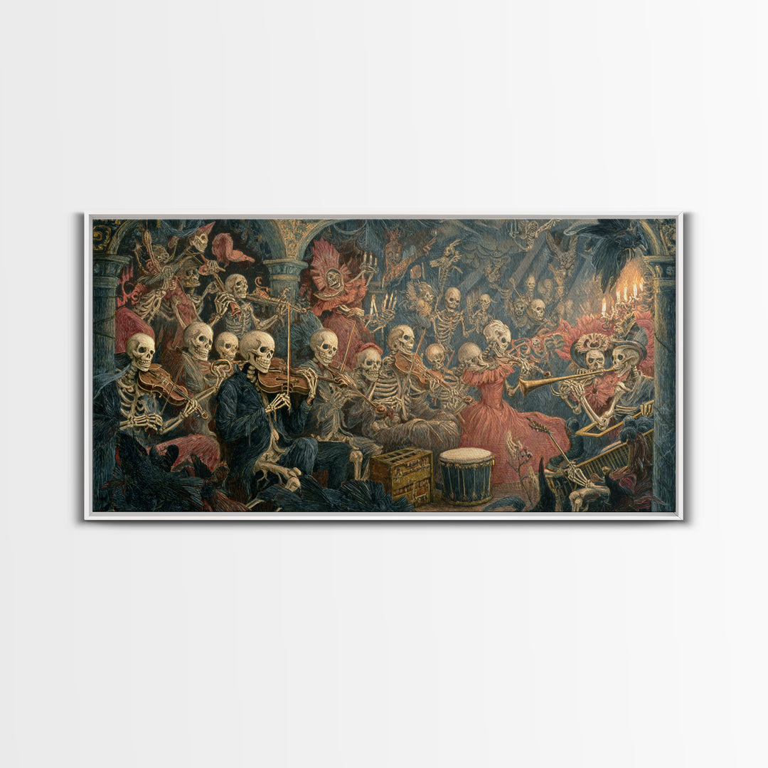 The Skeleton Orchestra, Grotesque Carnival Art, Wide Panoramic Art, Dark Fantasy Wall Art, Canvas Print, Halloween Wall Art