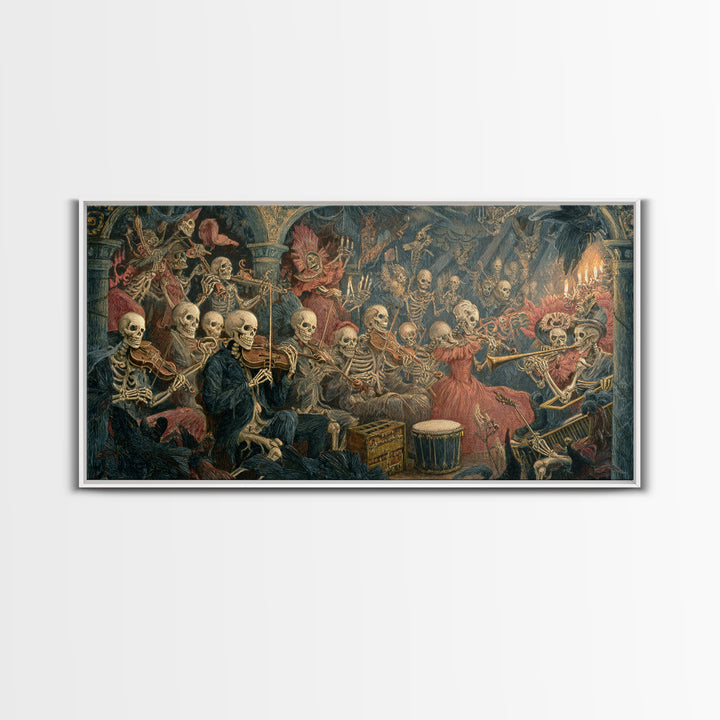 The Skeleton Orchestra, Grotesque Carnival Art, Wide Panoramic Art, Dark Fantasy Wall Art, Canvas Print, Halloween Wall Art