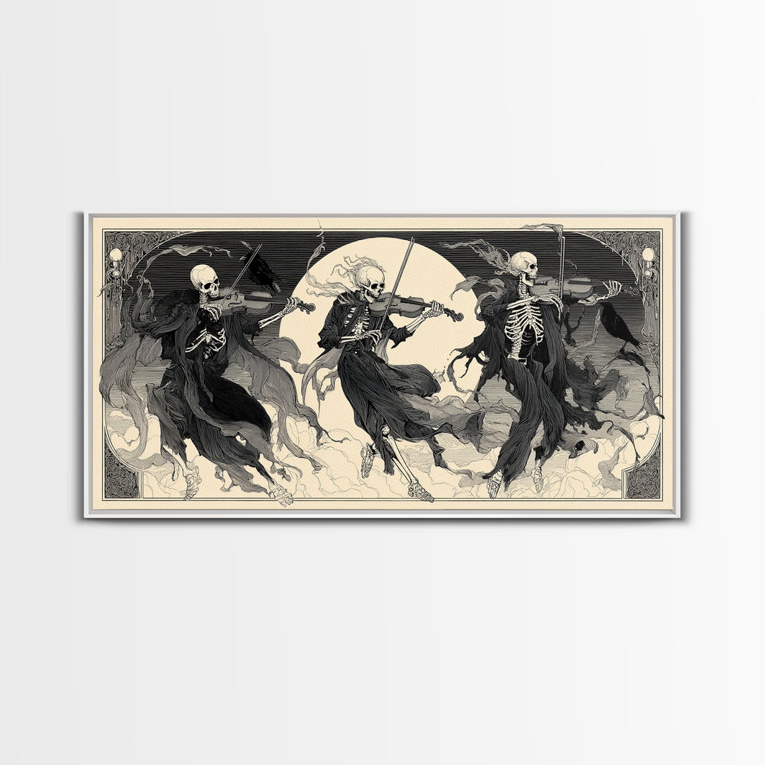 The Skeleton Orchestra, Decadent Line Art, Wide Panoramic Art, Gothic Horror Wall Art, Framed Canvas Print, Halloween Wall Art