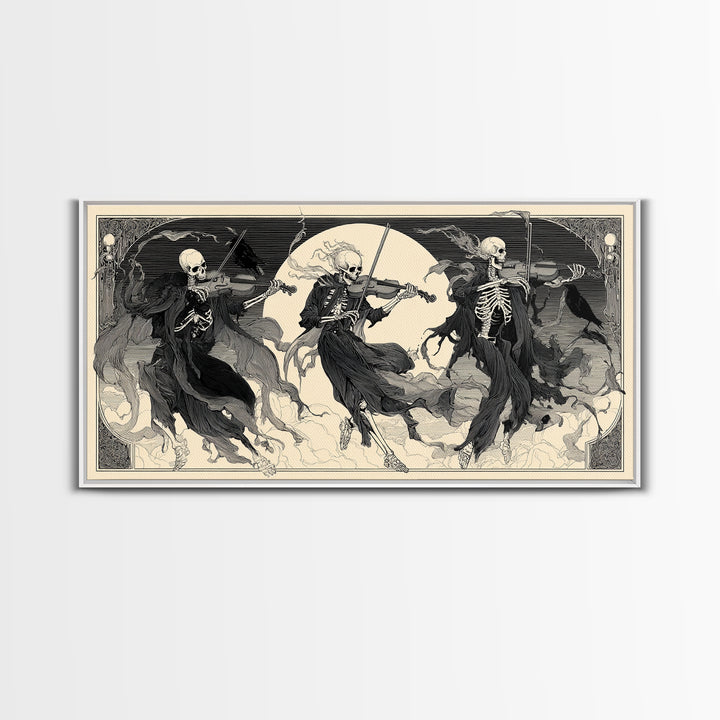 The Skeleton Orchestra, Decadent Line Art, Wide Panoramic Art, Gothic Horror Wall Art, Framed Canvas Print, Halloween Wall Art