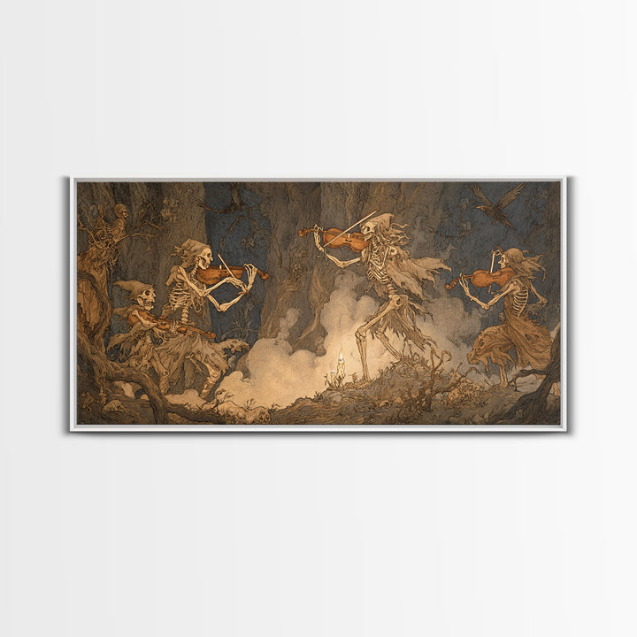 The Skeleton Orchestra, Gothic Storybook Art, Wide Panoramic Art, Dark Fantasy Wall Art, Framed Canvas Print, Halloween Wall Art