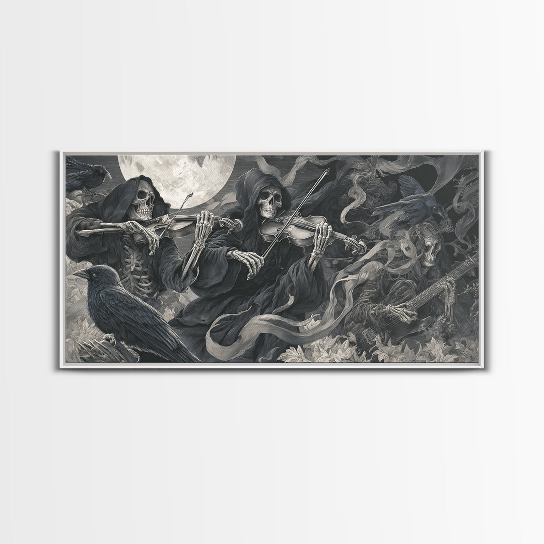 The Skeleton Orchestra, Biomechanical Horror Art, Wide Panoramic Art, Macabre Wall Art, Framed Canvas Print, Halloween Wall Art