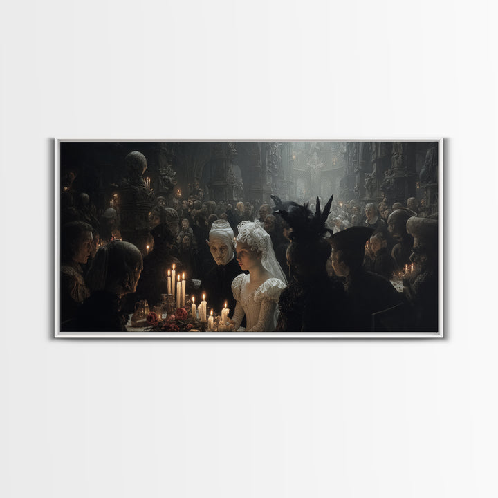 The Ghost Wedding, Medieval Grotesque Art, Wide Panoramic Art, Dark Halloween Decor, Canvas Print, Halloween Wall Art
