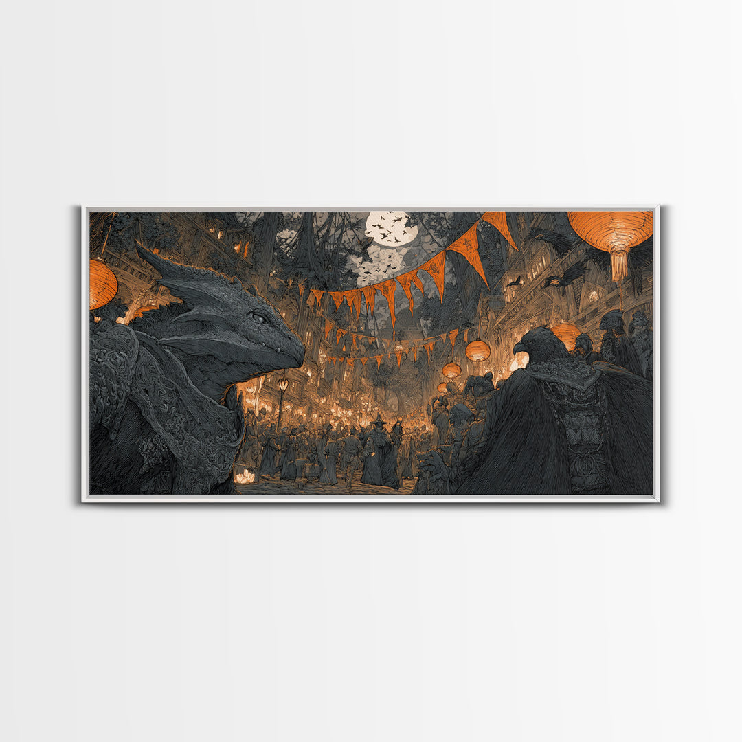 The Monster Parade, Gothic Engraving Art, Wide Panoramic Art, Dark Fantasy Wall Art, Framed Canvas Print, Halloween Wall Art