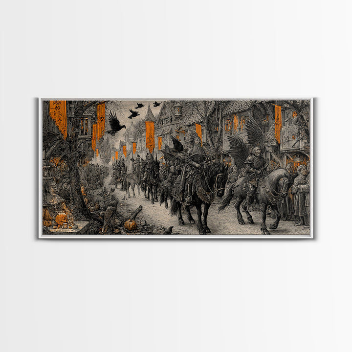 The Monster Parade, Renaissance Engraving Art, Wide Panoramic Art, Dark Fantasy Wall Art, Framed Canvas Print, Halloween Wall Art