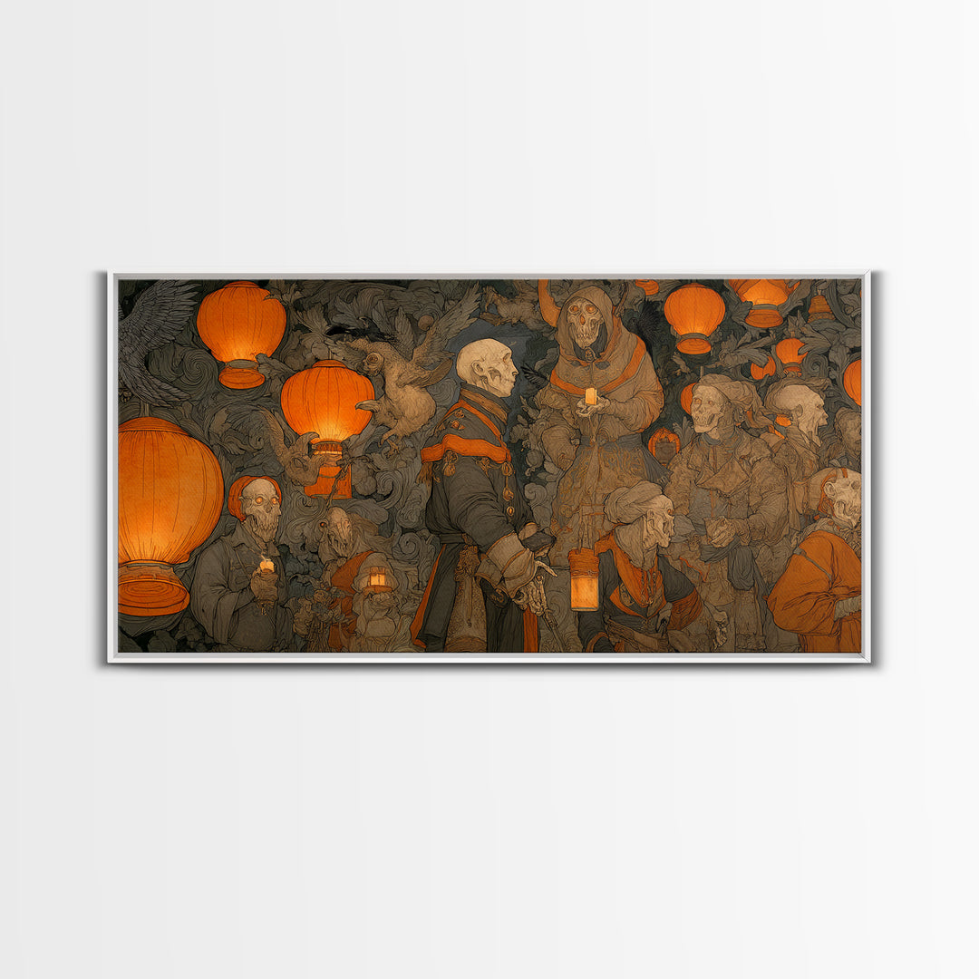 The Monster Parade, Danse Macabre Art, Wide Panoramic Art, Macabre Wall Art, Framed Canvas Print, Halloween Wall Art