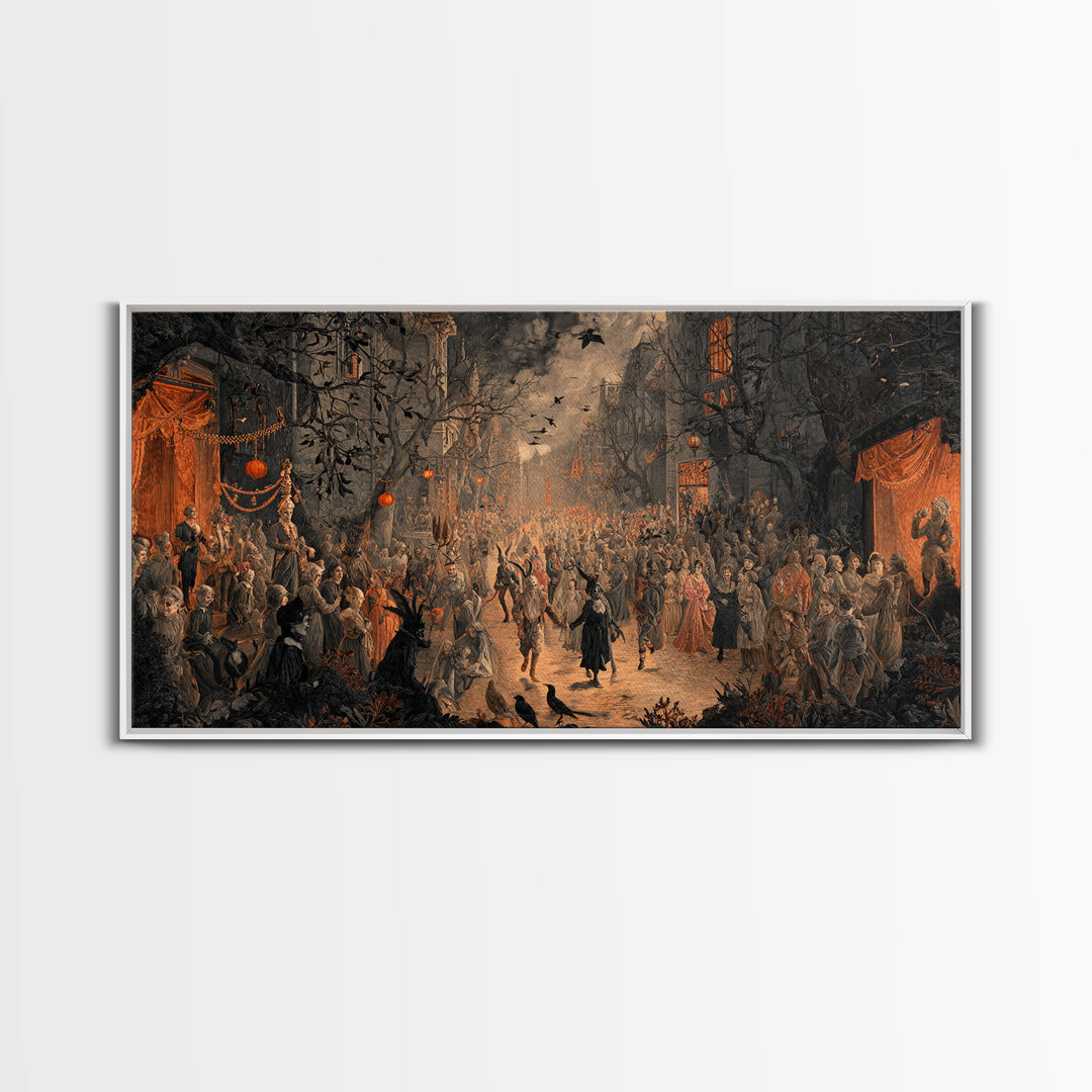 The Monster Parade, Dark Romantic Horror Art, Wide Panoramic Art, Macabre Wall Art, Framed Canvas Print, Halloween Wall Art