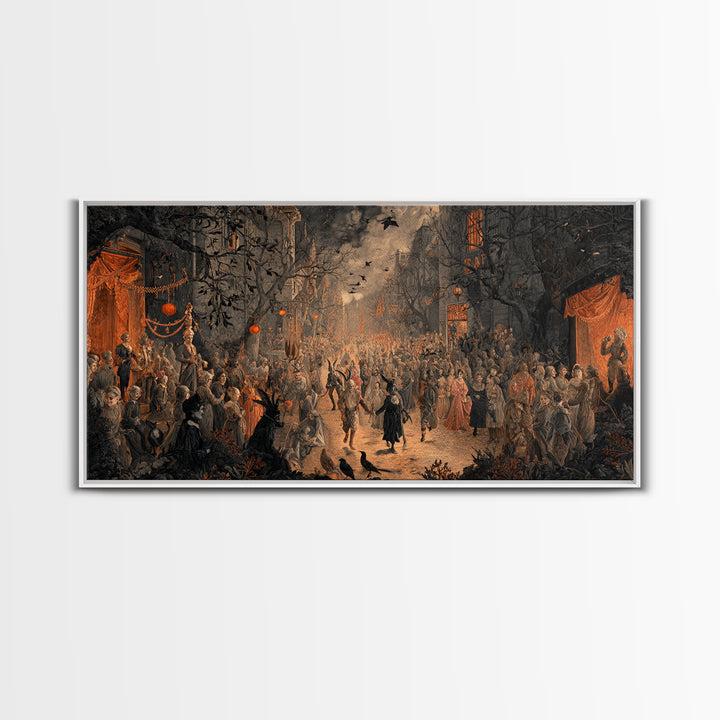 The Monster Parade, Dark Romantic Horror Art, Wide Panoramic Art, Macabre Wall Art, Framed Canvas Print, Halloween Wall Art