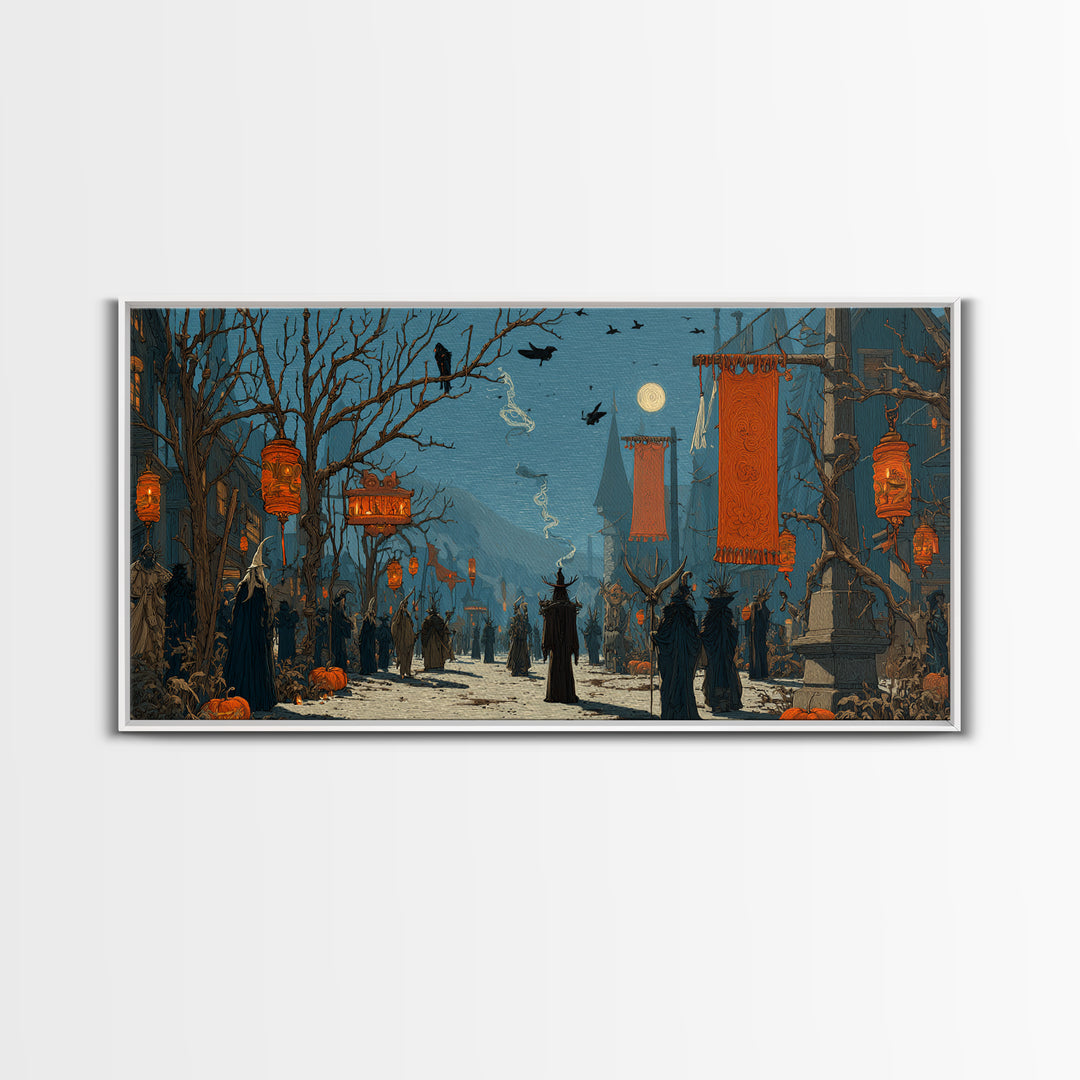 The Monster Parade, Romantic Gothic Landscape, Wide Panoramic Art, Dark Halloween Decor, Canvas Print, Halloween Wall Art