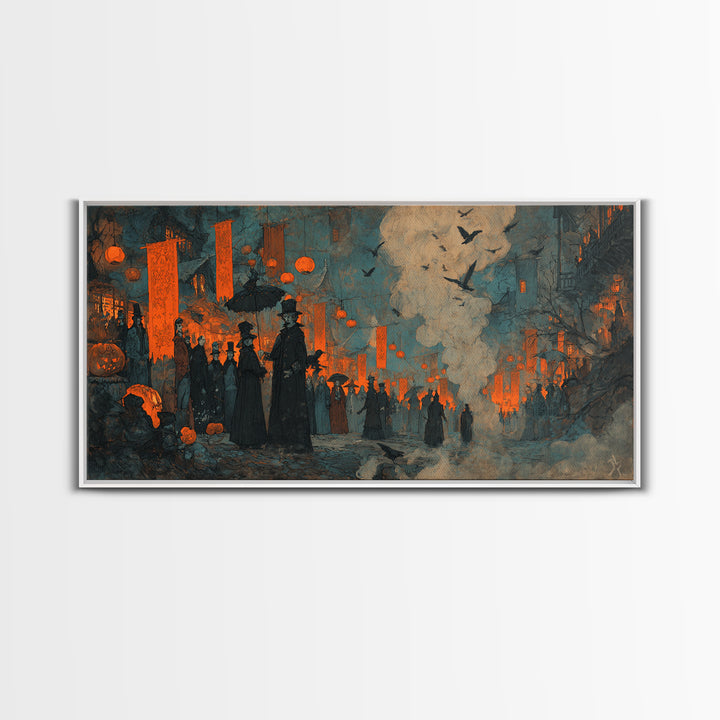 The Monster Parade, Expressionist Gothic Art, Wide Panoramic Art, Dark Halloween Decor, Canvas Print, Halloween Wall Art