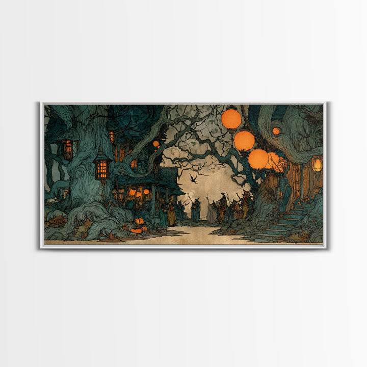 The Monster Parade, Gothic Storybook Art, Wide Panoramic Art, Dark Fantasy Wall Art, Framed Canvas Print, Halloween Wall Art