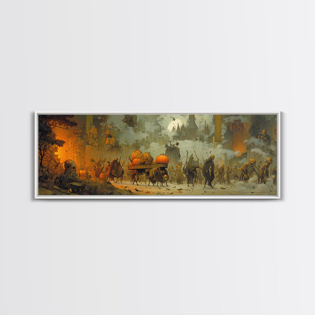 The Monster Parade, Surreal Apocalyptic Art, Extra Wide Wall Art, Dark Halloween Decor, Framed Canvas Print, Halloween Wall Art