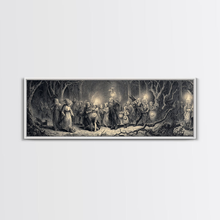 The Trick-Or-Treat Procession, Gothic Engraving Art, Extra Wide Wall Art, Dark Fantasy Wall Art, Framed Canvas Print, Spooky Wall Decor