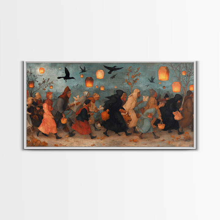 The Trick-Or-Treat Procession, Northern Renaissance Horror, Wide Panoramic Art, Dark Fantasy Wall Art, Canvas Print