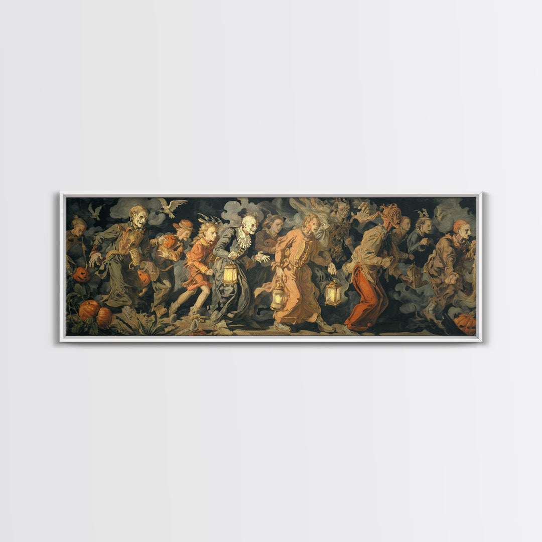 The Trick-Or-Treat Procession, Dark Renaissance Art, Extra Wide Wall Art, Dark Halloween Decor, Framed Canvas Print