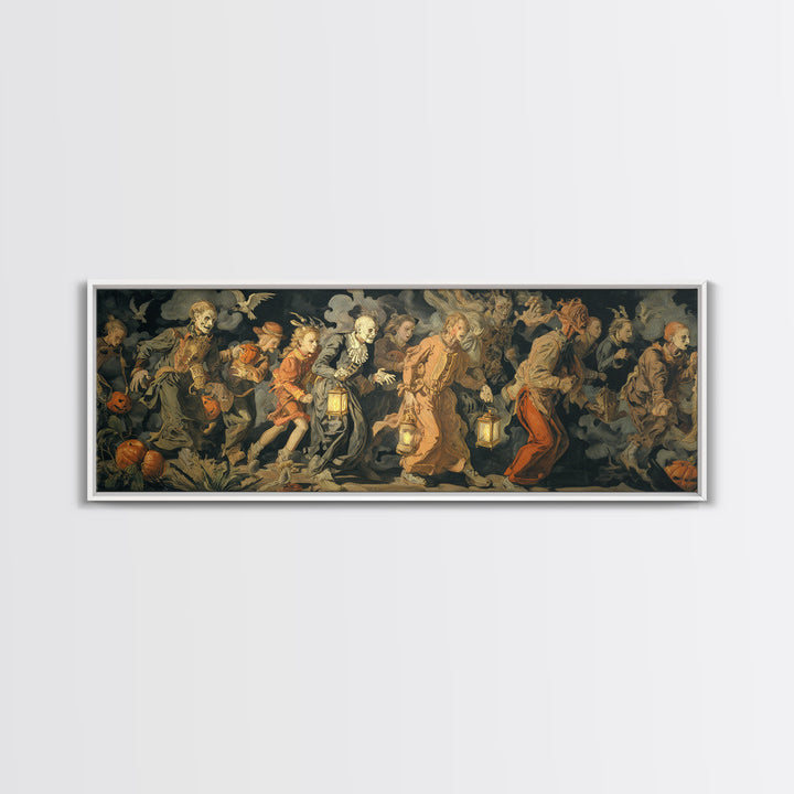 The Trick-Or-Treat Procession, Dark Renaissance Art, Extra Wide Wall Art, Dark Halloween Decor, Framed Canvas Print