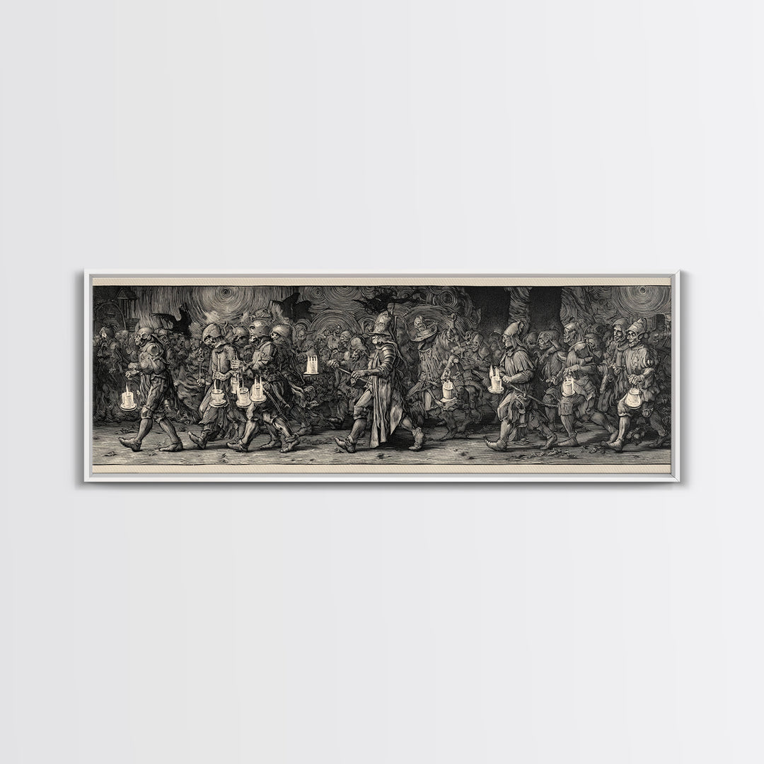 The Trick-Or-Treat Procession, Renaissance Engraving Art, Extra Wide Wall Art, Macabre Wall Art, Canvas Print, Halloween Wall Art