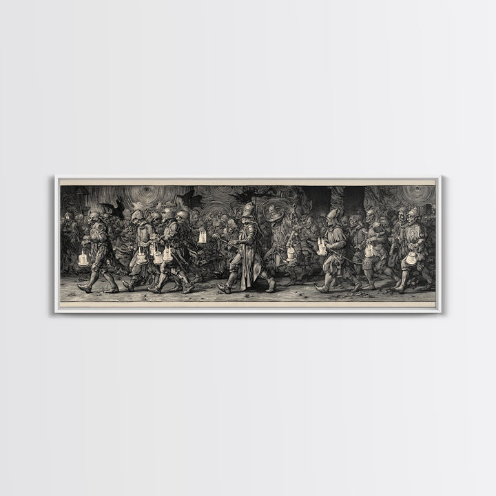 The Trick-Or-Treat Procession, Renaissance Engraving Art, Extra Wide Wall Art, Macabre Wall Art, Canvas Print, Halloween Wall Art