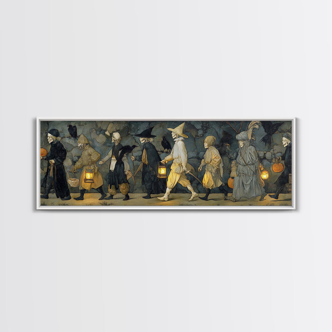 The Trick-Or-Treat Procession, Danse Macabre Art, Extra Wide Wall Art, Dark Halloween Decor, Canvas Print