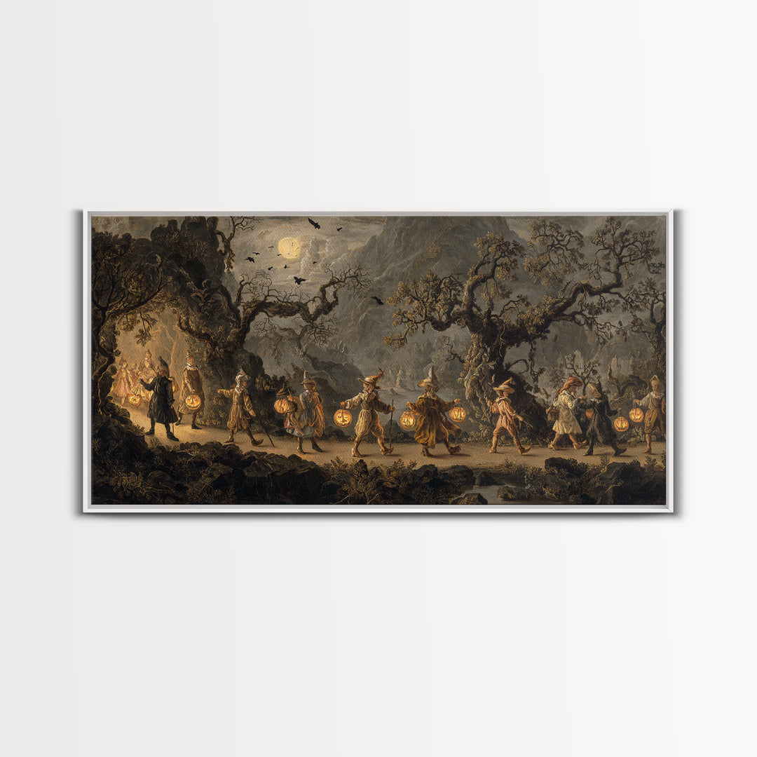 The Trick-Or-Treat Procession, Baroque Witchcraft Art, Wide Panoramic Art, Macabre Wall Art, Canvas Print, Halloween Wall Art