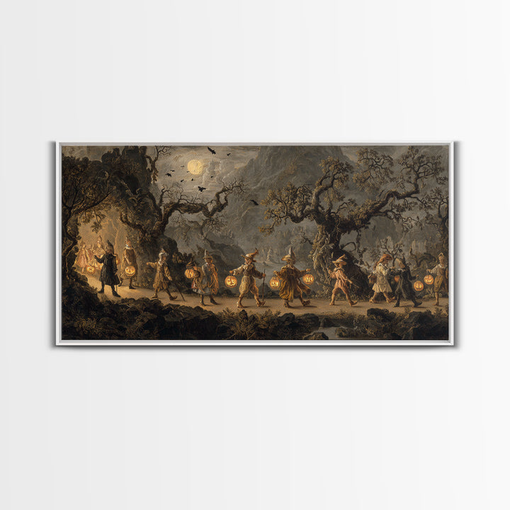 The Trick-Or-Treat Procession, Baroque Witchcraft Art, Wide Panoramic Art, Macabre Wall Art, Canvas Print, Halloween Wall Art