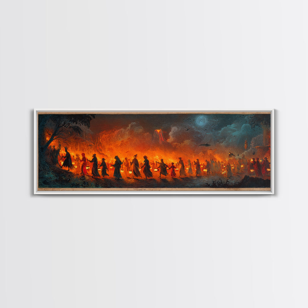 The Trick-Or-Treat Procession, Apocalyptic Romantic Art, Extra Wide Wall Art, Dark Halloween Decor, Framed Canvas Print, Halloween Wall Art