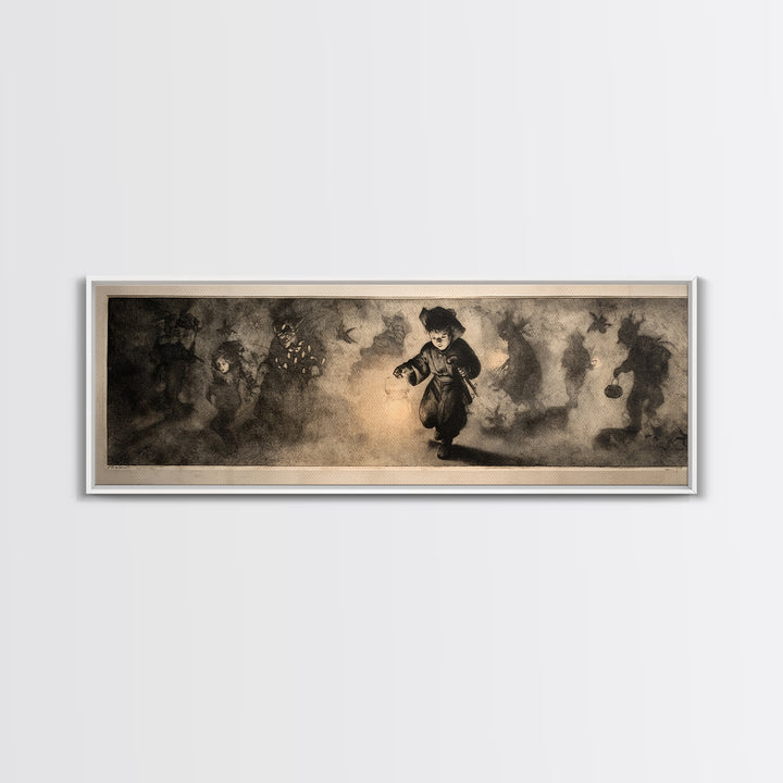 The Trick-Or-Treat Procession, Symbolist Dream Art, Extra Wide Wall Art, Dark Fantasy Wall Art, Canvas Print, Halloween Wall Art