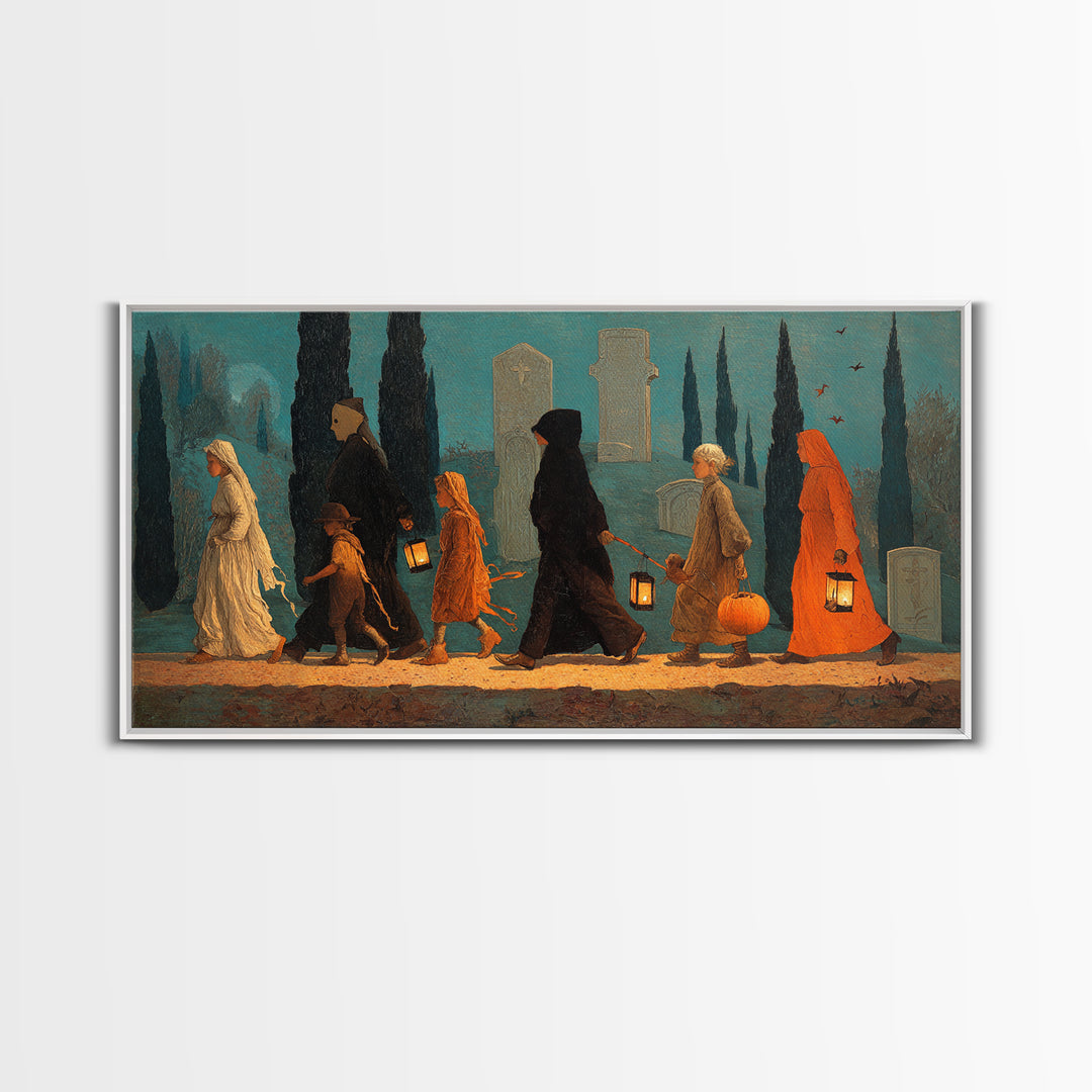 The Trick-Or-Treat Procession, Symbolist Gothic Landscape, Wide Panoramic Art, Gothic Horror Wall Art, Framed Canvas Print
