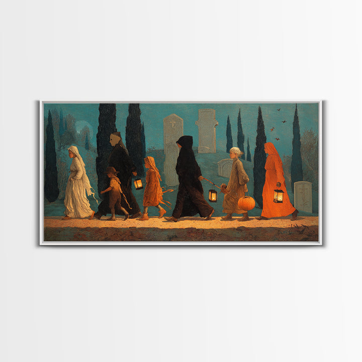 The Trick-Or-Treat Procession, Symbolist Gothic Landscape, Wide Panoramic Art, Gothic Horror Wall Art, Framed Canvas Print