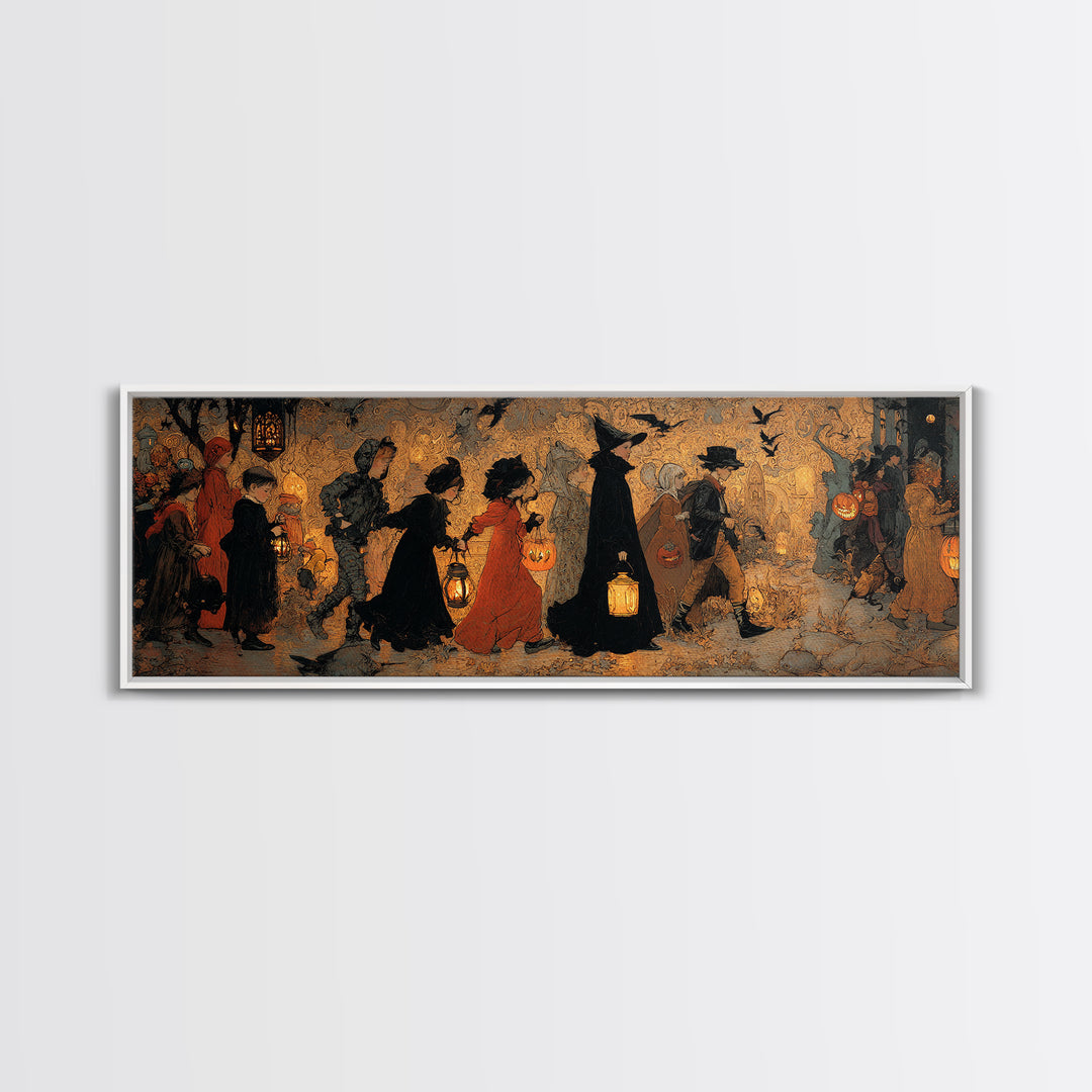 The Trick-Or-Treat Procession, Ornate Symbolist Art, Extra Wide Wall Art, Dark Halloween Decor, Canvas Print, Halloween Wall Art
