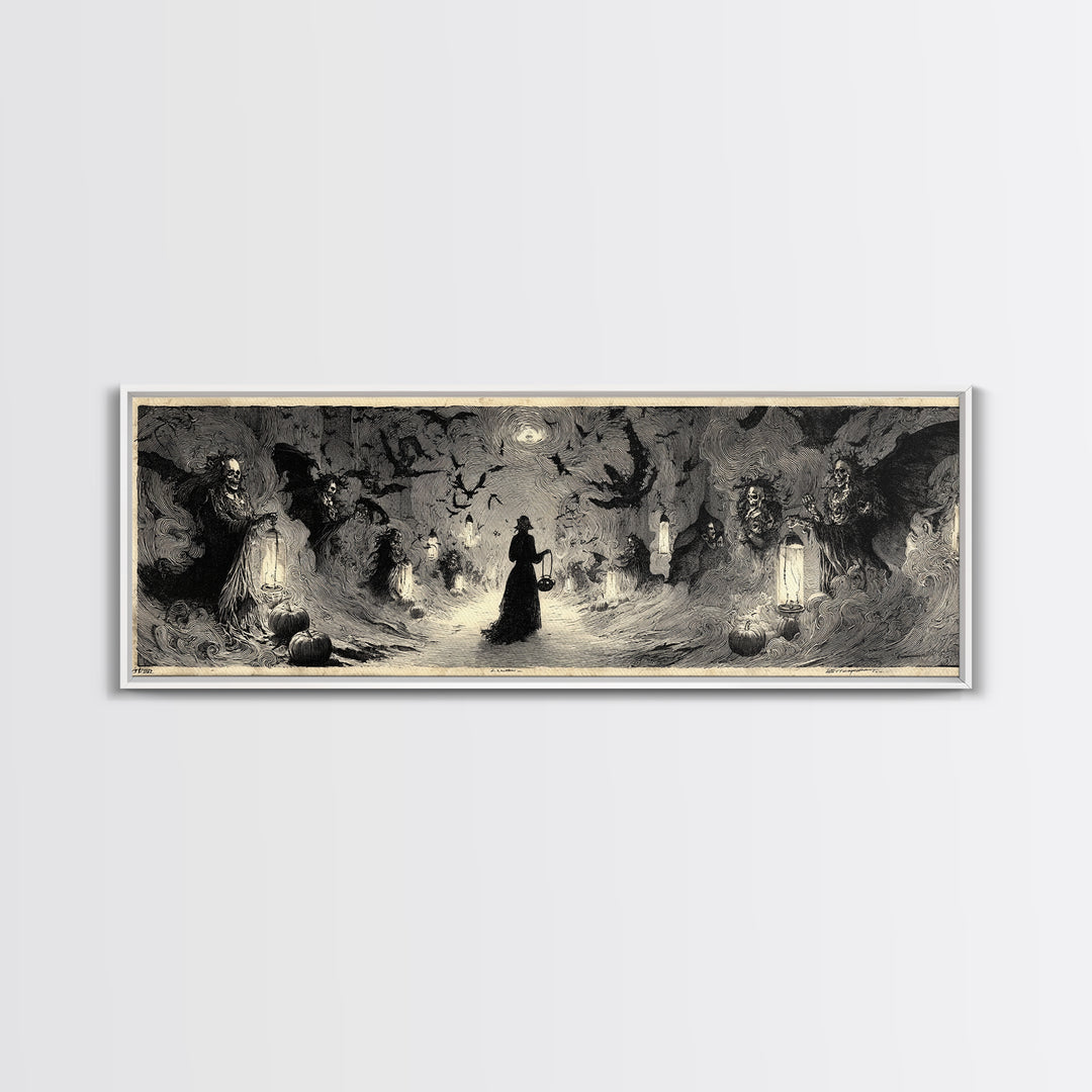 The Trick-Or-Treat Procession, Decadent Gothic Art, Extra Wide Wall Art, Macabre Wall Art, Framed Canvas Print, Halloween Wall Art