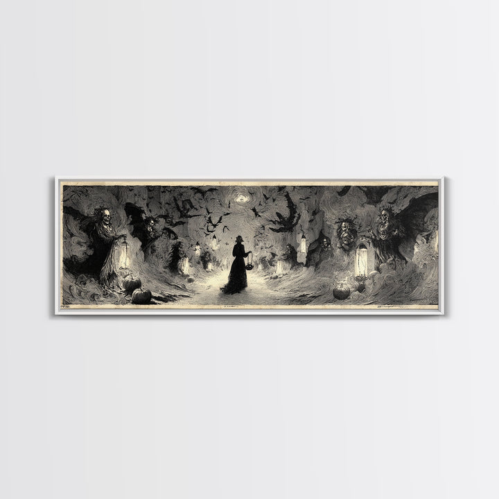The Trick-Or-Treat Procession, Decadent Gothic Art, Extra Wide Wall Art, Macabre Wall Art, Framed Canvas Print, Halloween Wall Art