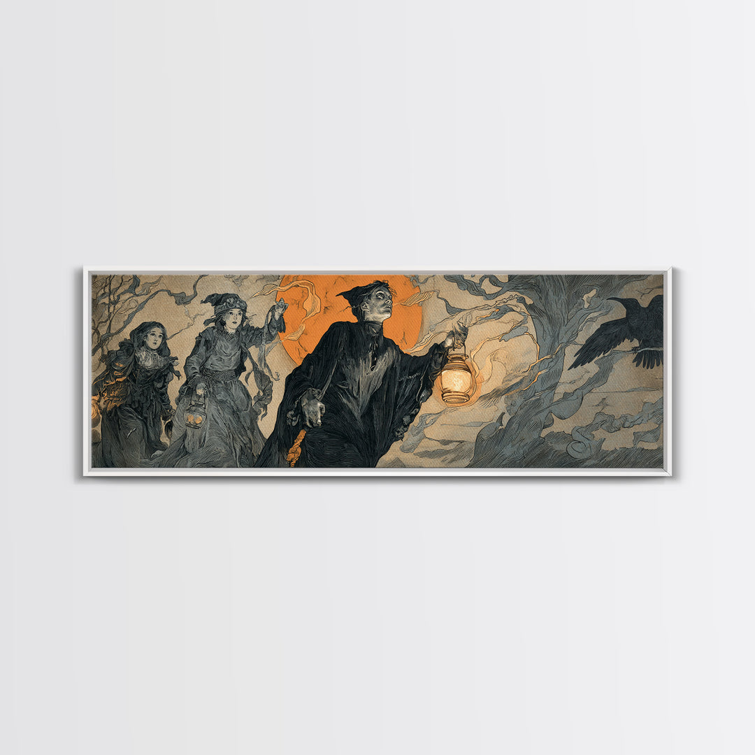 The Trick-Or-Treat Procession, Symbolist Etching Art, Extra Wide Wall Art, Gothic Horror Wall Art, Canvas Print, Halloween Wall Art