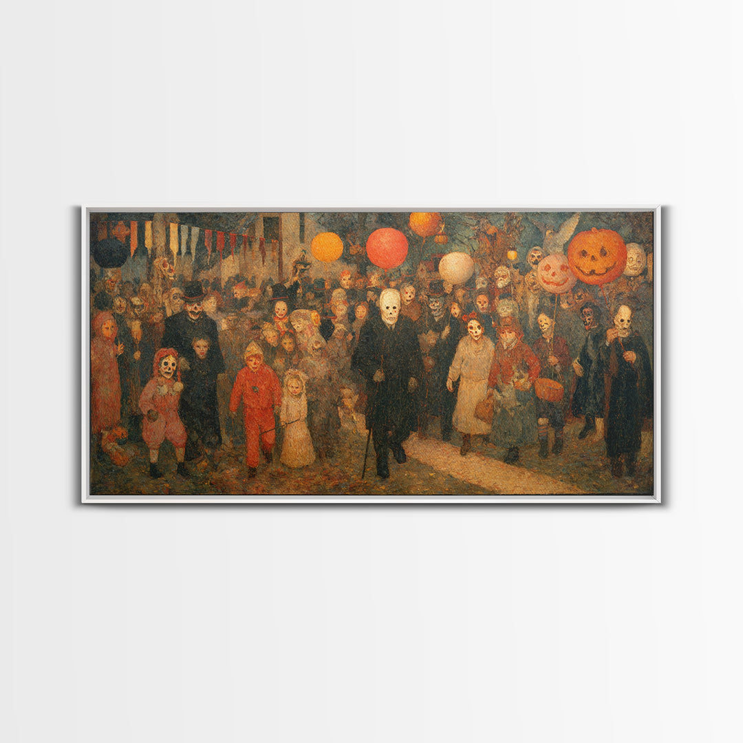 The Trick-Or-Treat Procession, Grotesque Carnival Art, Wide Panoramic Art, Gothic Horror Wall Art, Canvas Print, Halloween Wall Art