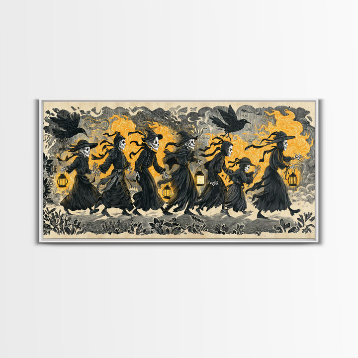The Trick-Or-Treat Procession, Macabre Folk Print Art, Wide Panoramic Art, Dark Halloween Decor, Canvas Print